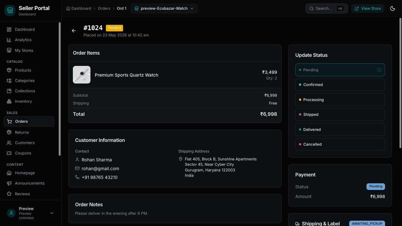Order detail screen with items, customer address, payment status and a shipping label action