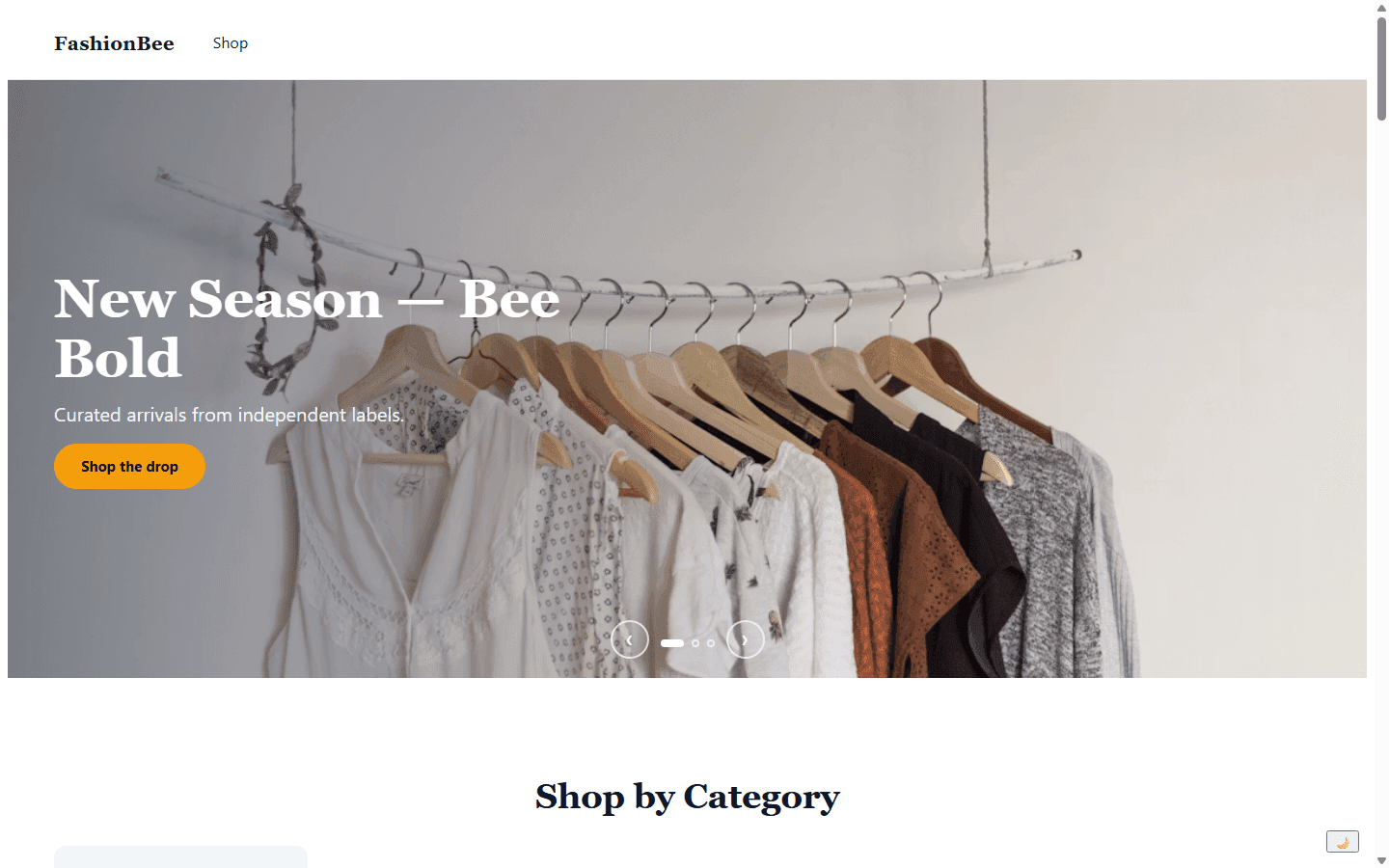 FashionBee theme storefront with a full-width hero and category grid