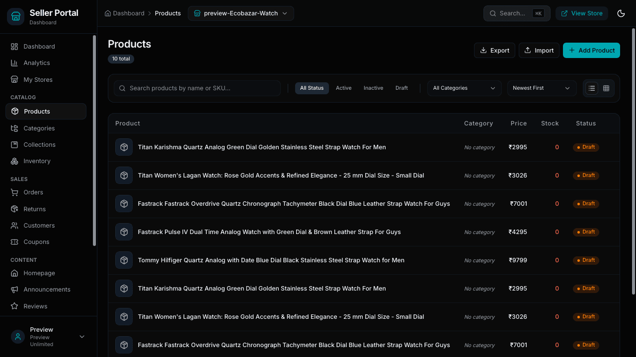 Products list in the seller dashboard with search, status filters, Export and Import buttons, an Add Product button and rows showing category, price, stock and status