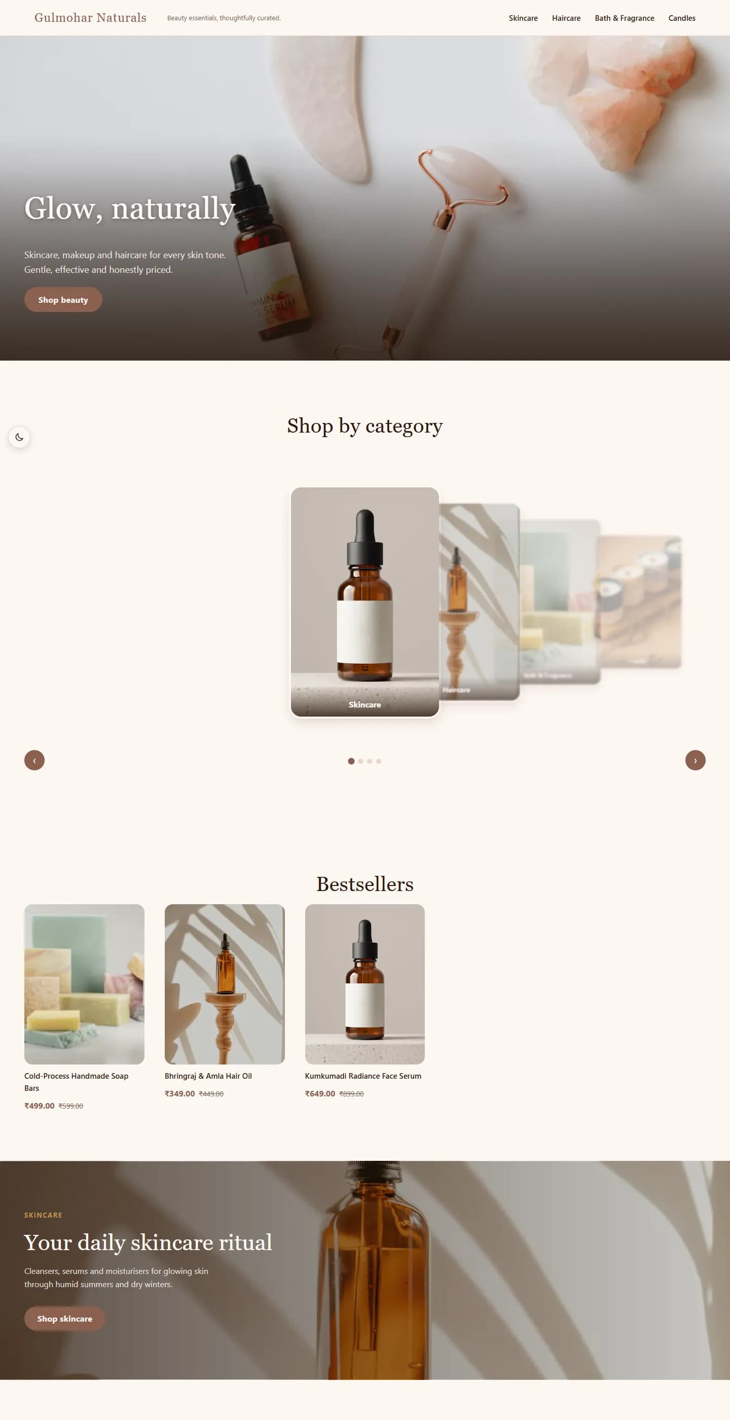Cosmetic theme homepage for a skincare brand