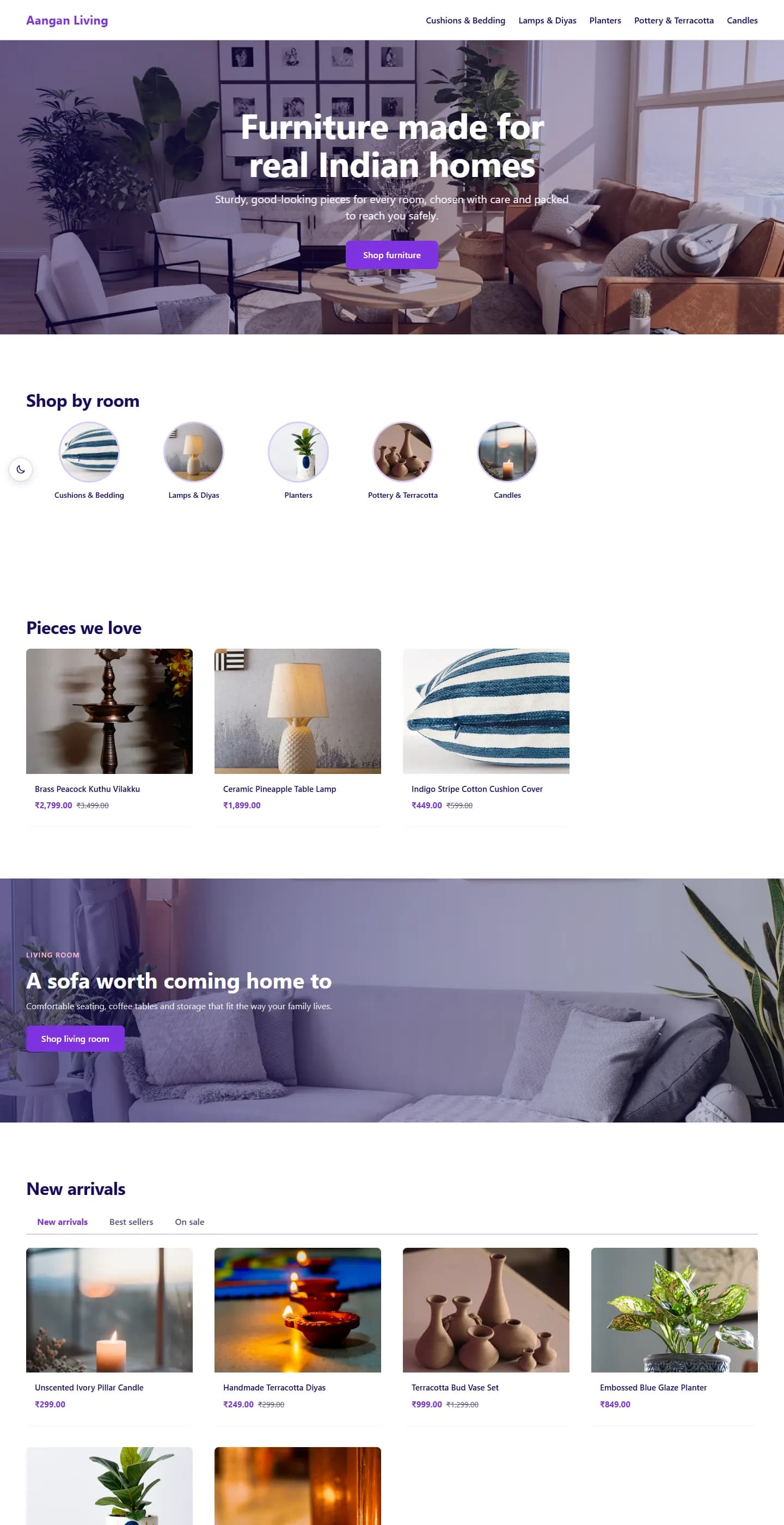 Furniture theme homepage with a living-room hero and Shop by room