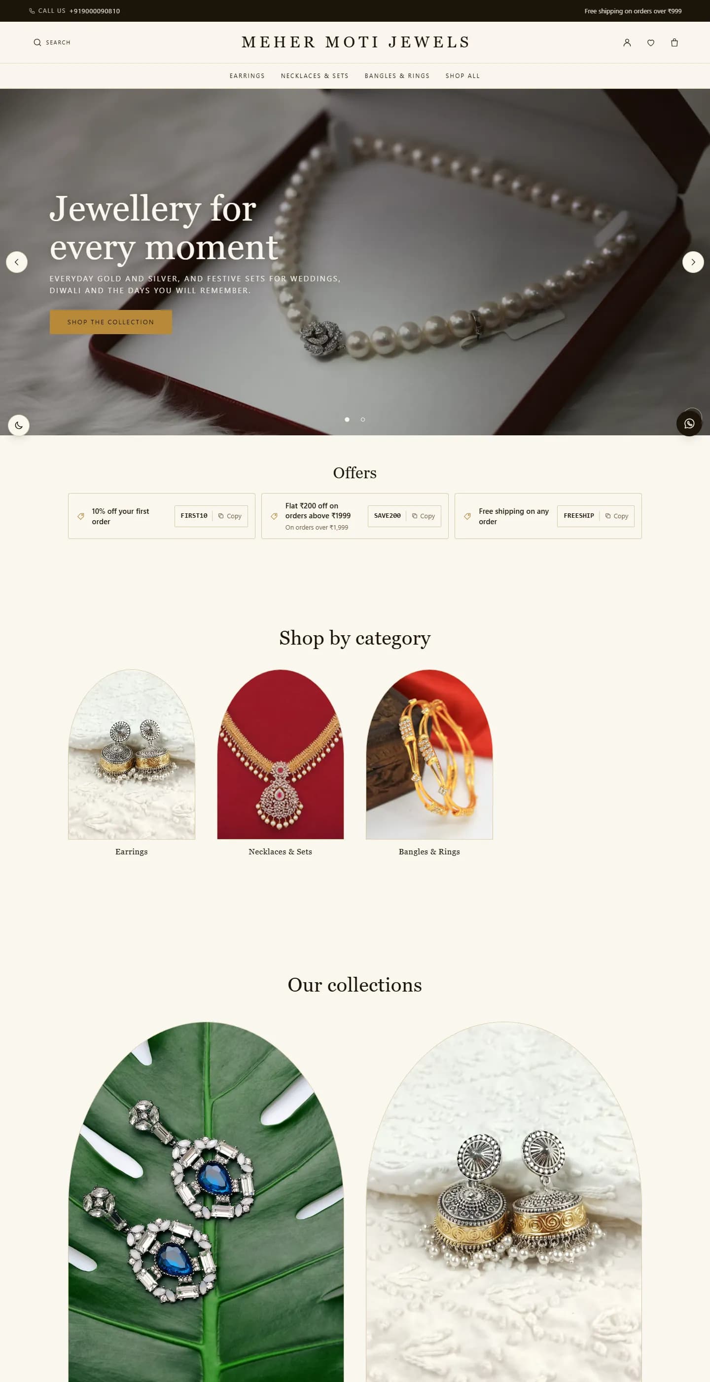 Jewellery theme homepage with a pearl necklace hero and Shop by category