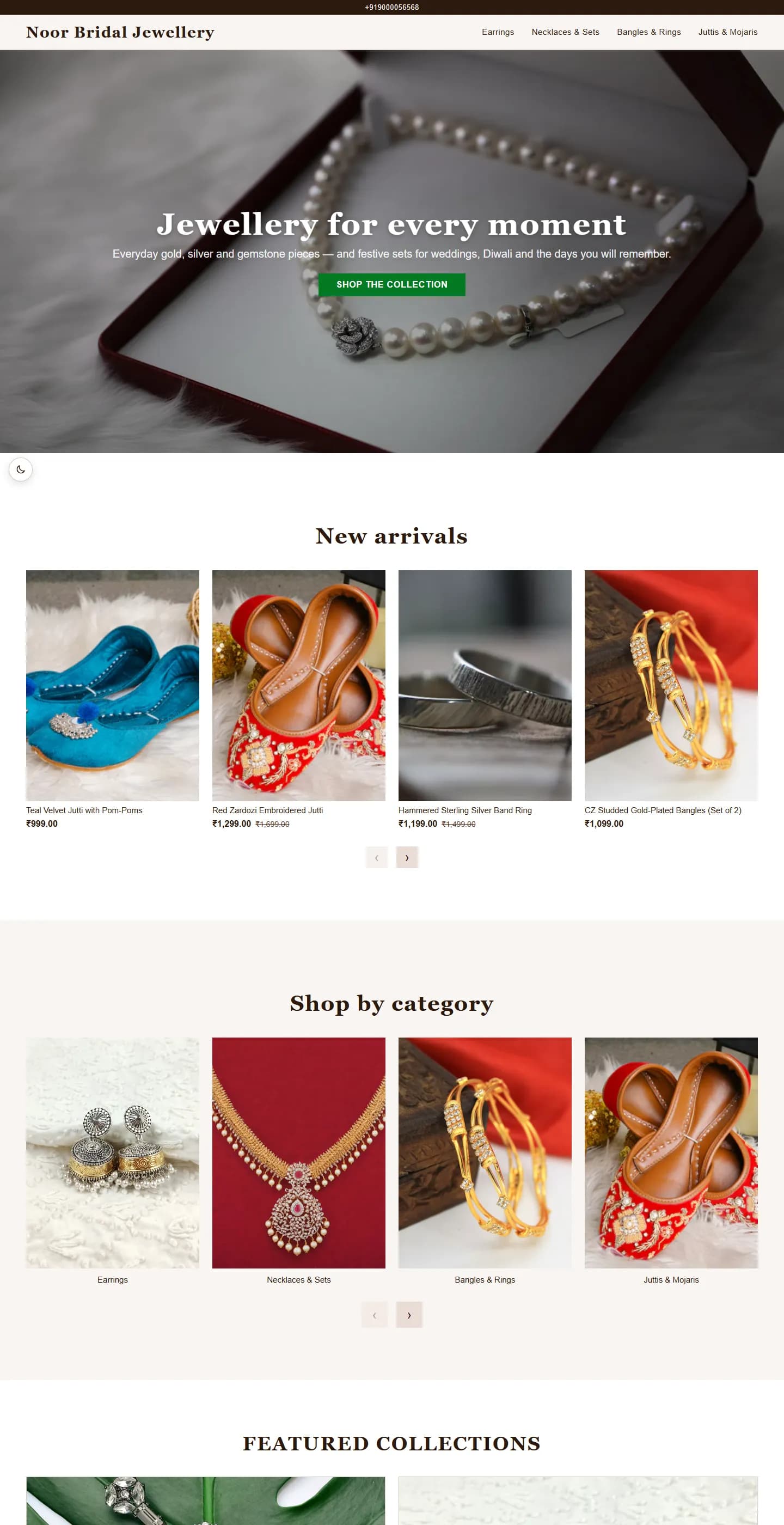 Jewellery Classic theme homepage with a New arrivals product row