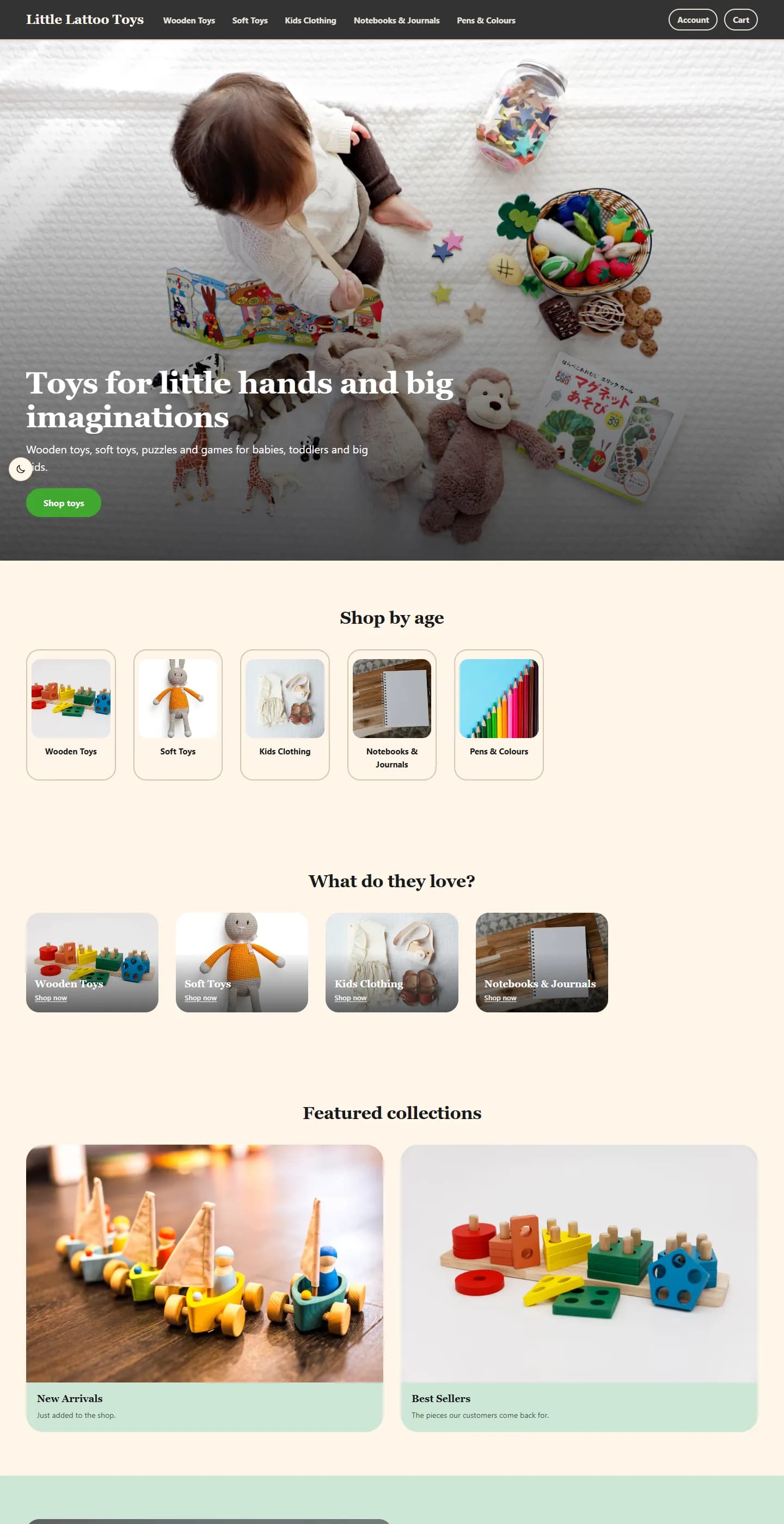 ToyShop theme homepage for a wooden and soft toys store