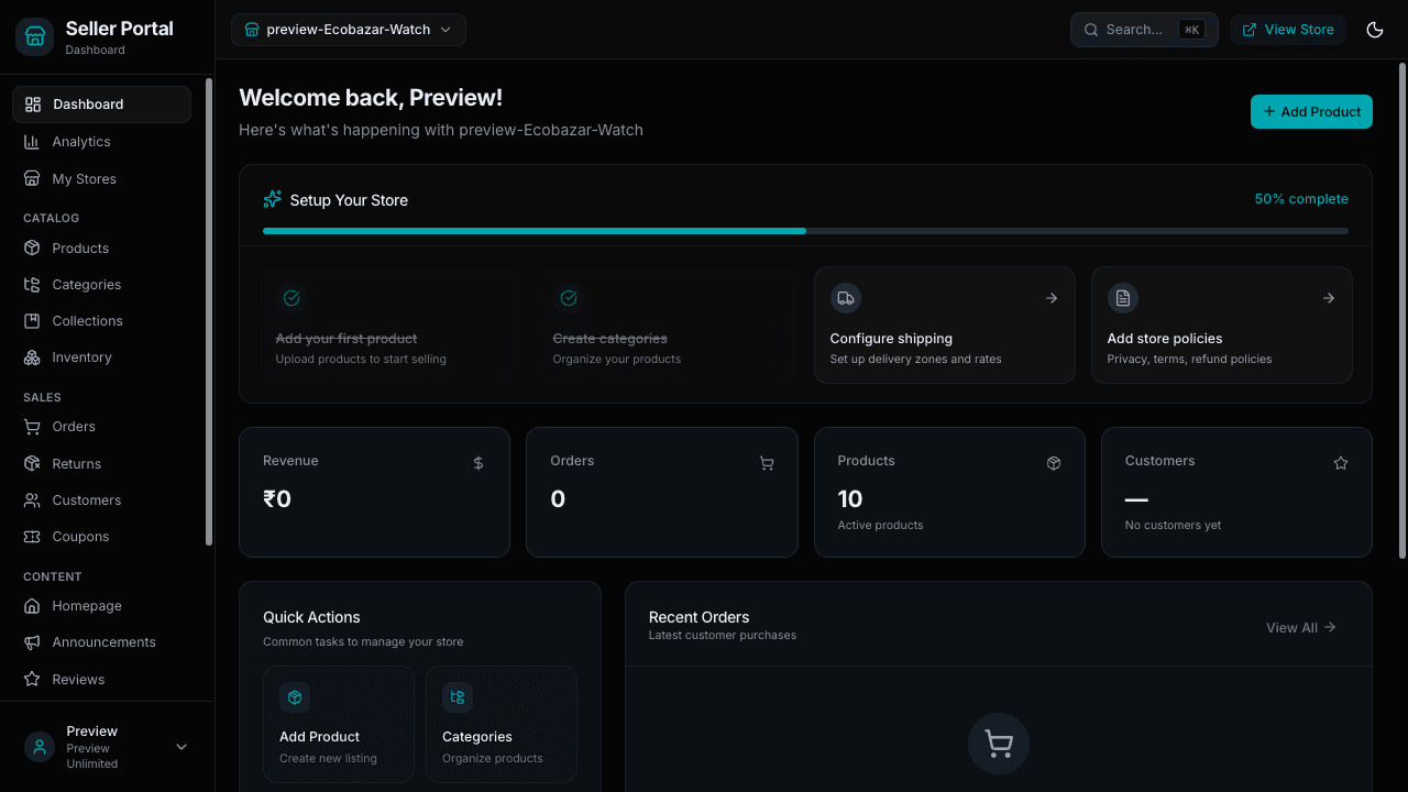 Seller dashboard overview with a store setup checklist at 50% complete, revenue, orders, products and customers tiles, quick actions and a recent orders panel