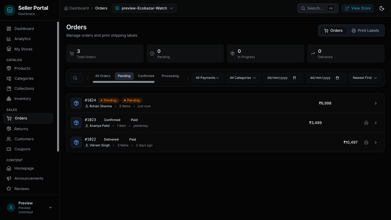 Orders list in the seller dashboard with order counts, status filters and three orders
